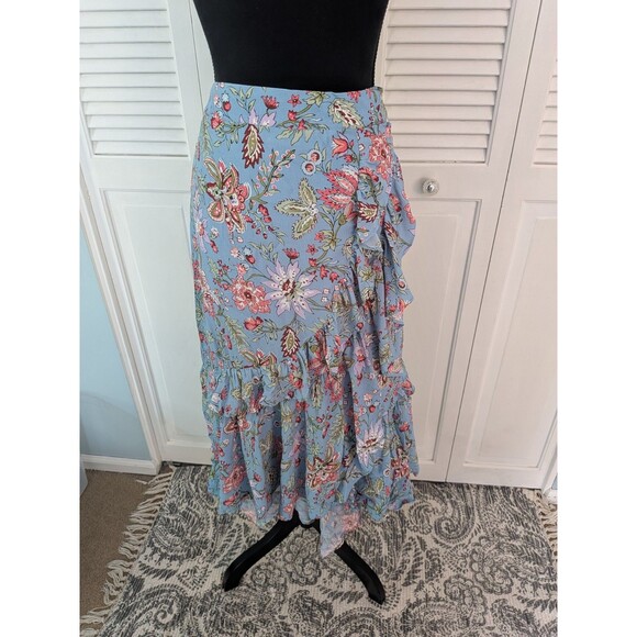 Loft Skirt Womens L Garden Ruffle Blue Pink Floral Midi Flowy Lined Romantic - Picture 1 of 10